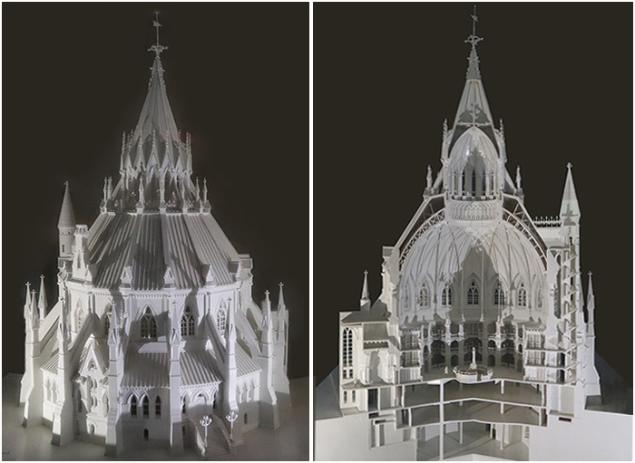 White scale model representing both the exterior and interior of the Library of Parliament